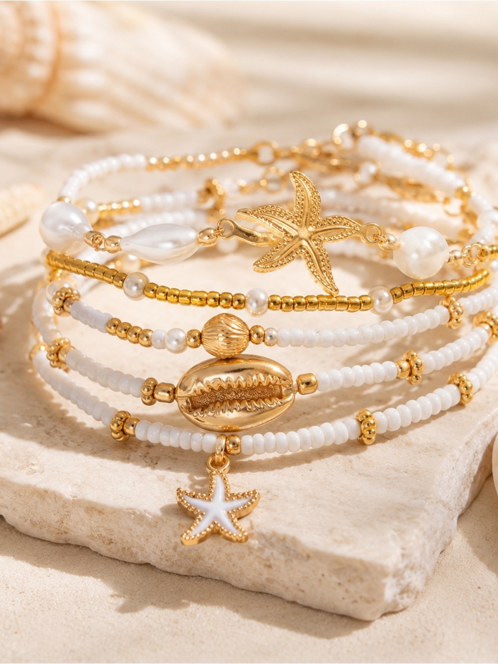 Gold and White Beach Charm Layered Bracelet Set